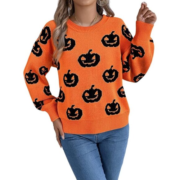 Strentiki Women Orange Pumpkin Halloween Long Sleeve Crew Neck Casual Sweaters - Picture 1 of 7